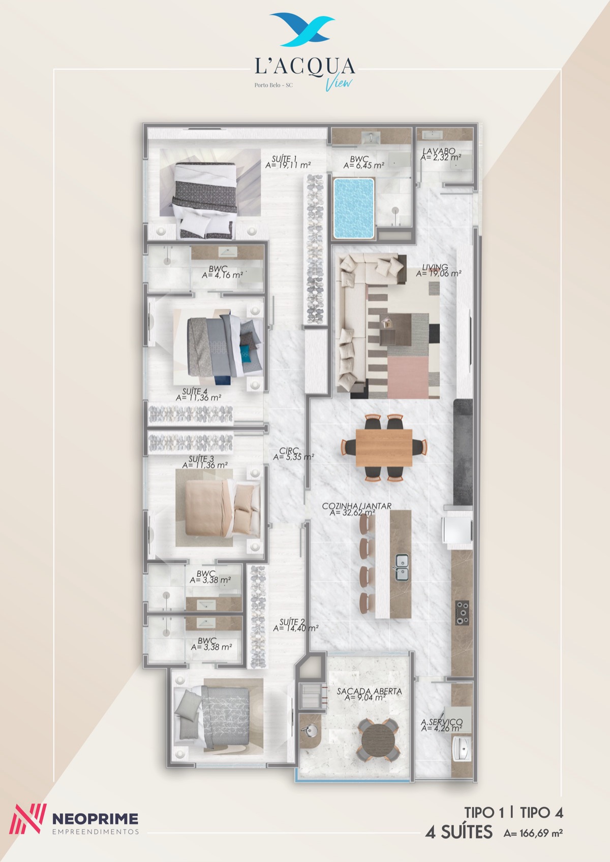 Planta baixa da opção Tipos 1 e 4, L'acqua View