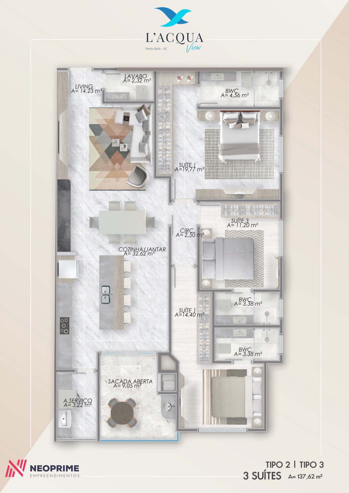 Planta baixa da opção Tipos 2 e 3, L'acqua View