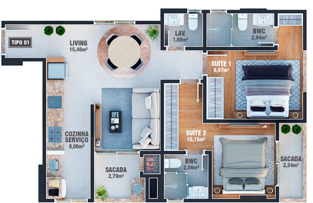 Planta baixa da opção Bloco A Tipo 1, Vancouver Concept
