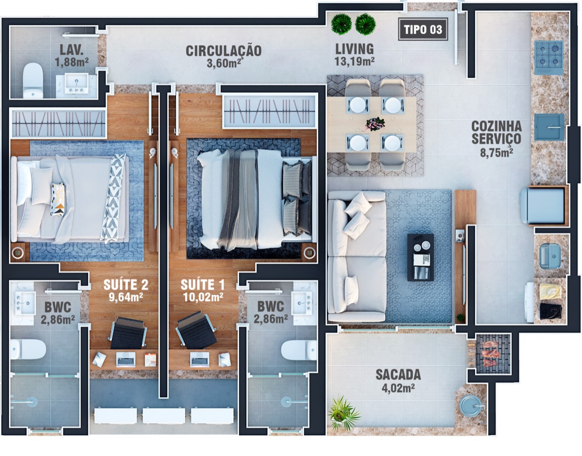 Planta baixa da opção Bloco A Tipo 3, Vancouver Concept