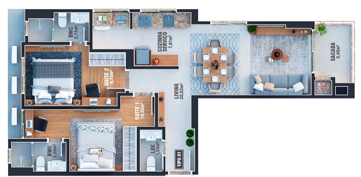 Planta baixa da opção Bloco B Tipo 1, Vancouver Concept