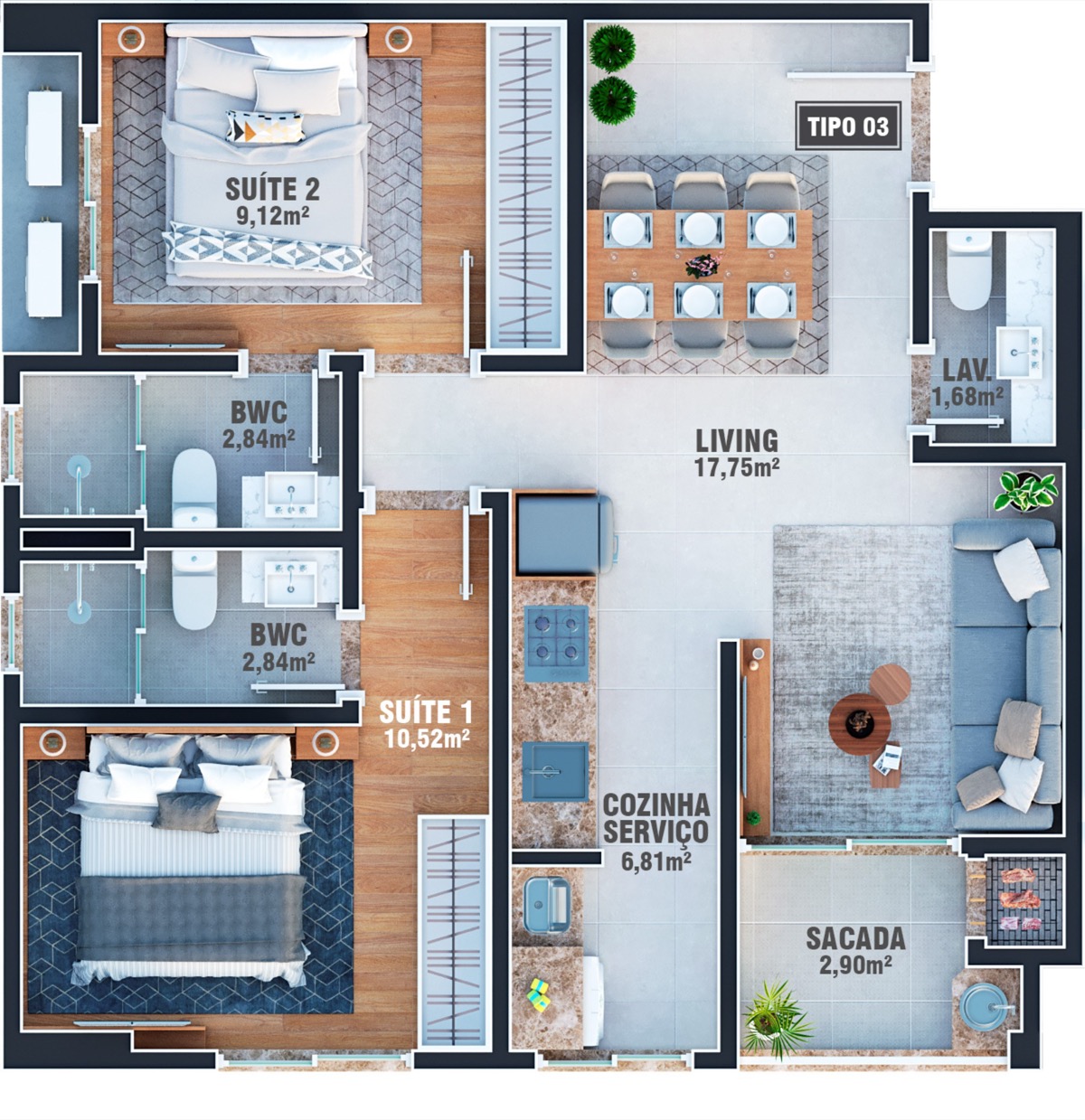 Planta baixa da opção Bloco B Tipo 3, Vancouver Concept